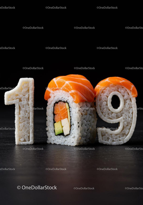 Sushi roll and rice numbers forming 109 on black
