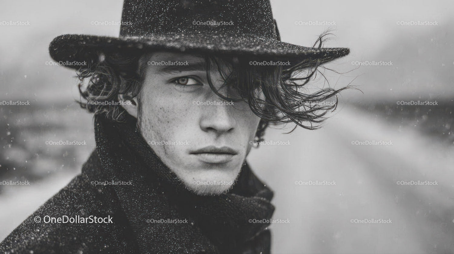 Male Model in Black Coat with Wet Hair in Rainy Outdoor Setting