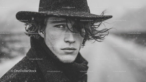 Male Model in Black Coat with Wet Hair in Rainy Outdoor Setting