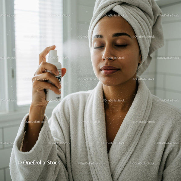 Calm woman refreshing face with mist spray at home