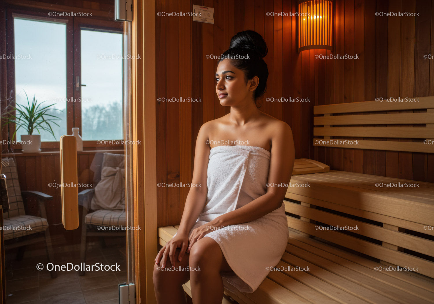 Young Woman Enjoying Relaxing Sauna Session in Wooden Spa Room