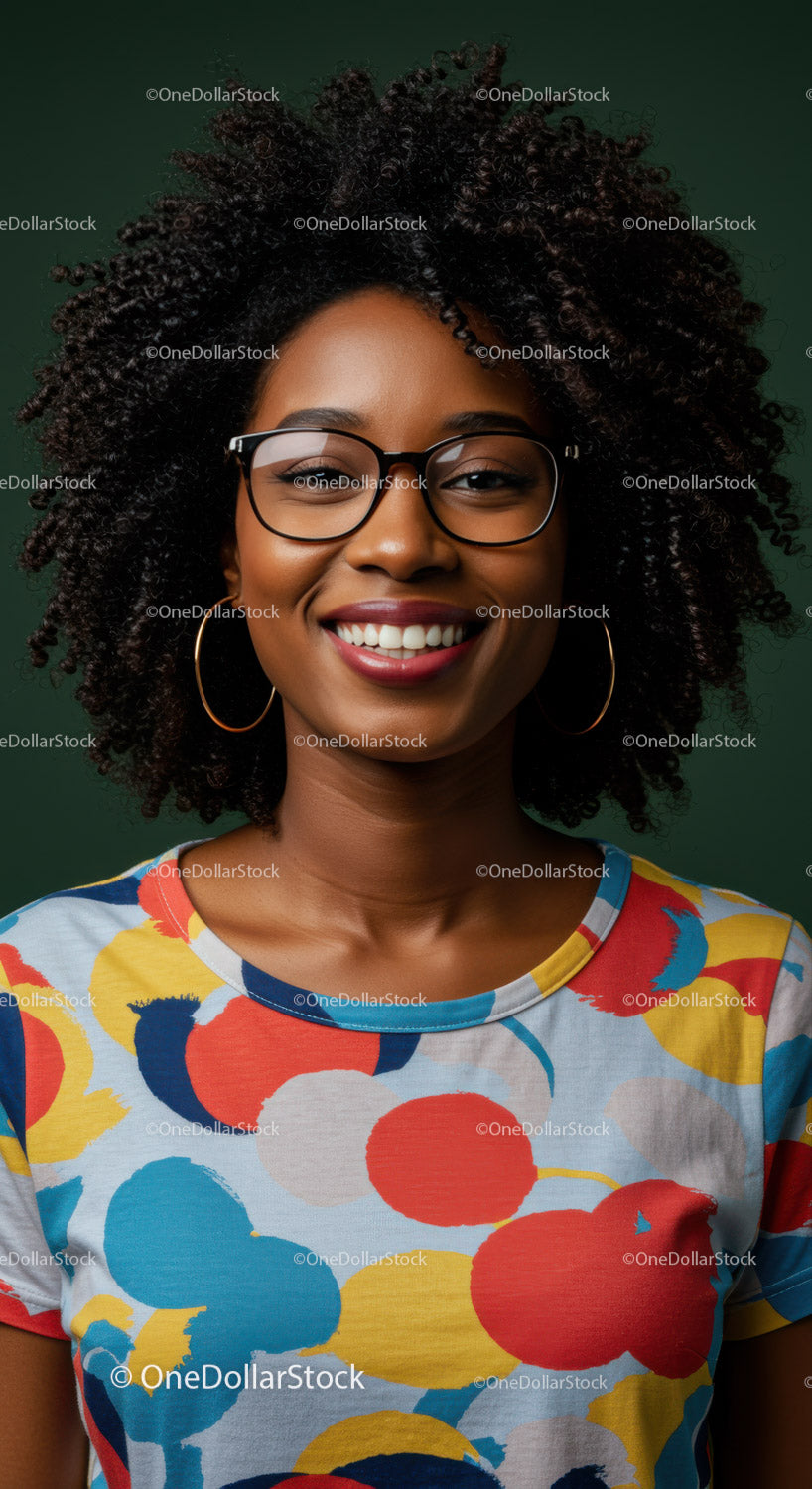 Bright Smiling Woman with Curly Hair and Glasses in Colorful T-Shirt