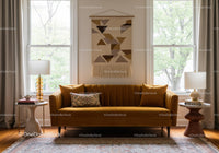 Cozy living room with mustard sofa and natural light