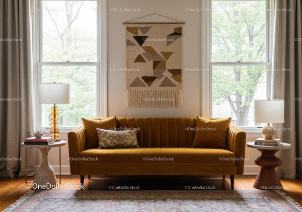 Cozy living room with mustard sofa and natural light