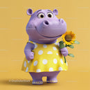 Cute Purple Hippo Holding Sunflower in Yellow Polka Dot Dress