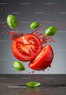 Fresh Tomato Halves Splashing with Basil Leaves