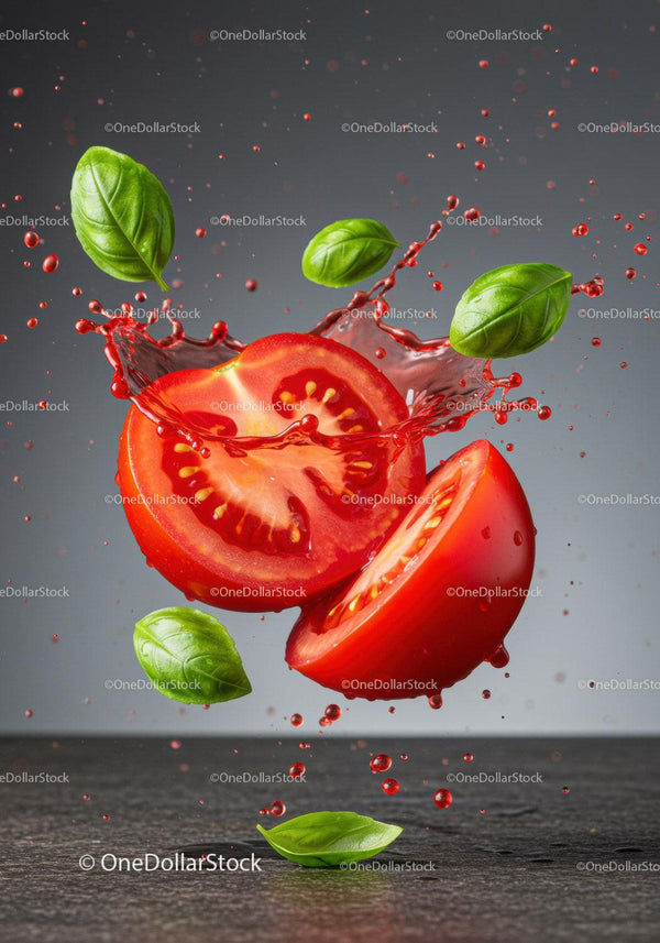 Fresh Tomato Halves Splashing with Basil Leaves
