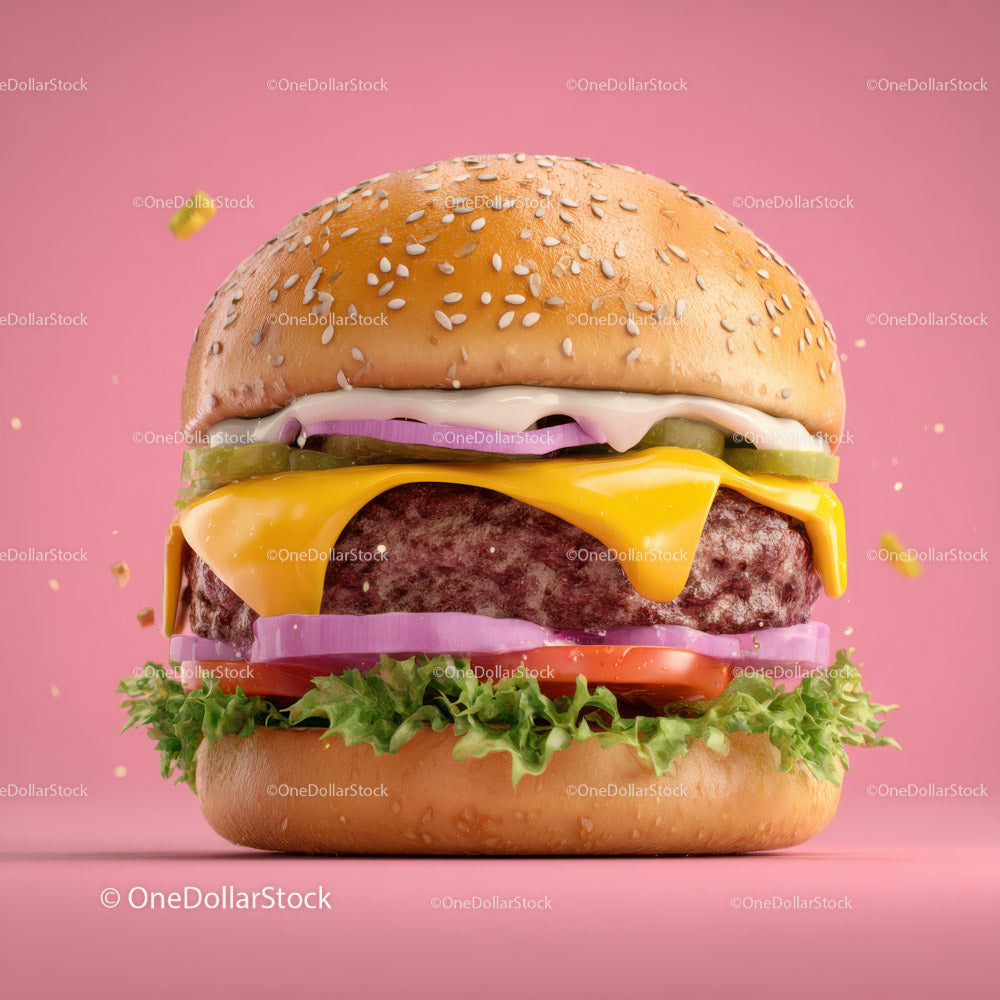 Soczysty cheeseburger ze świeżymi warzywami na różowym tle