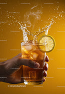 Refreshing iced tea splash with lemon slice in hand