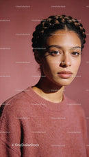 Thoughtful woman with braided hair and warm sweater