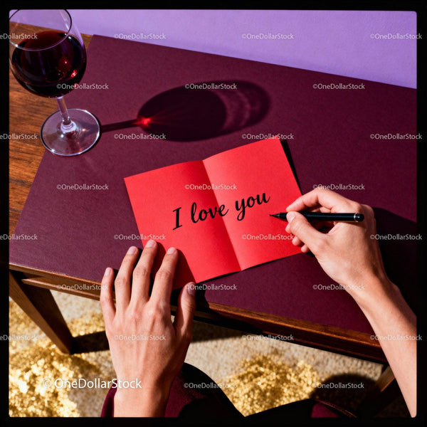 Handwriting a romantic love note with glass of wine