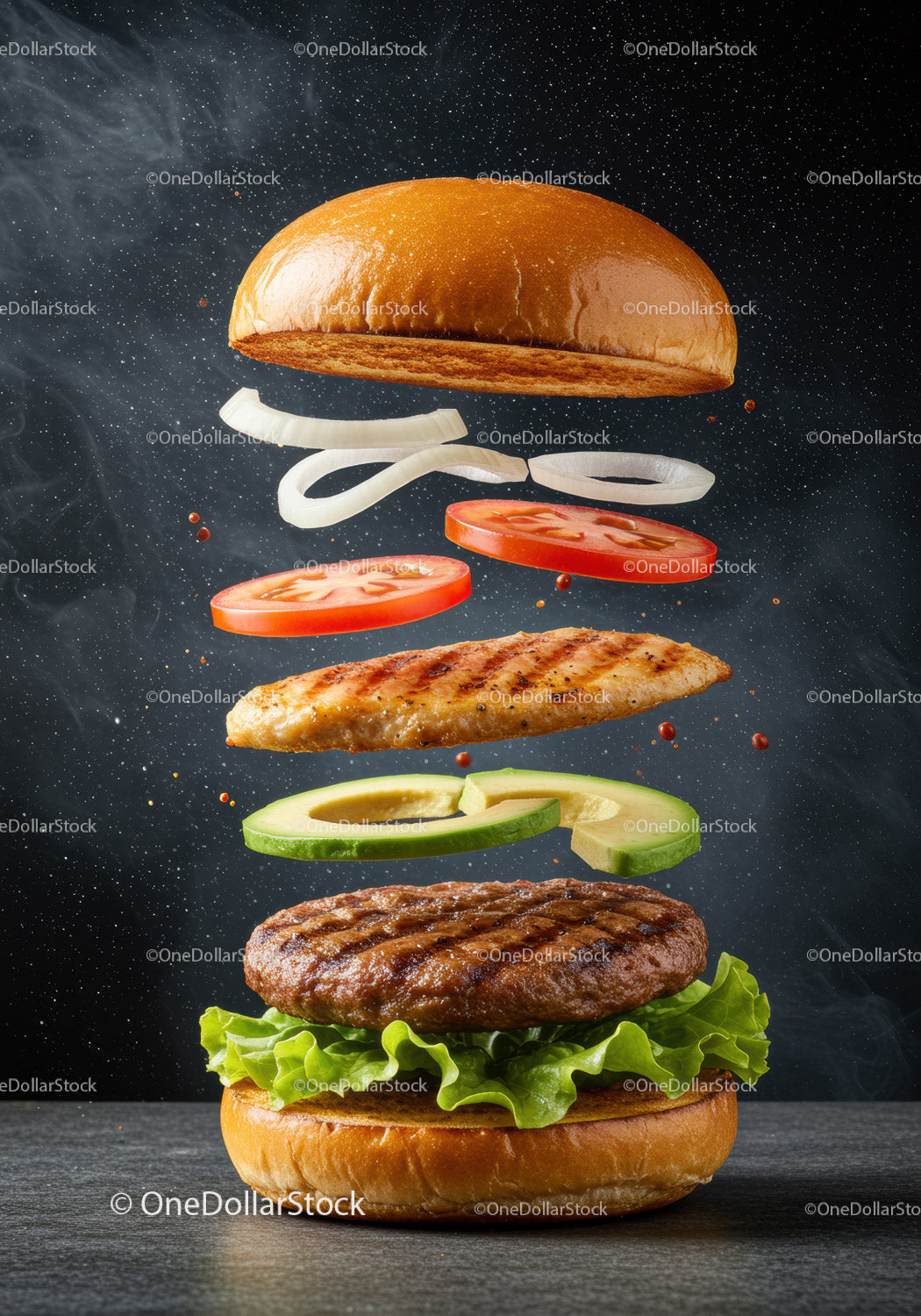 Deconstructed grilled burger with fresh vegetables floating