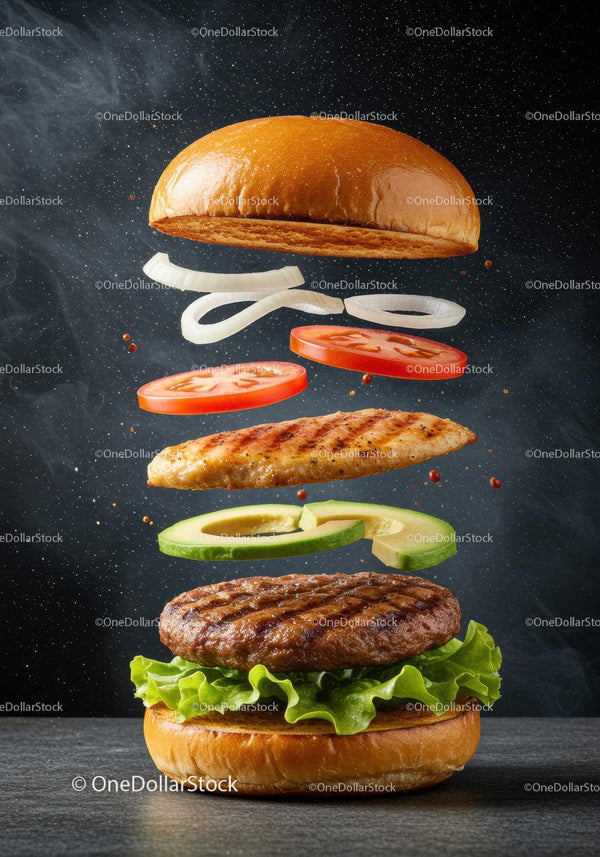 Rozłożony grillowany burger ze świeżymi warzywami unoszącymi się w powietrzu