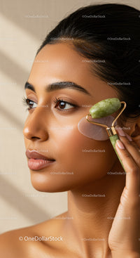 Woman Using Jade Roller for Facial Massage Skincare