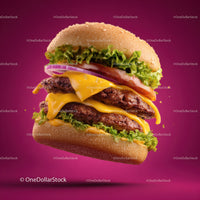 Stacked Cheeseburger with Multiple Beef Patties and Fresh Toppings