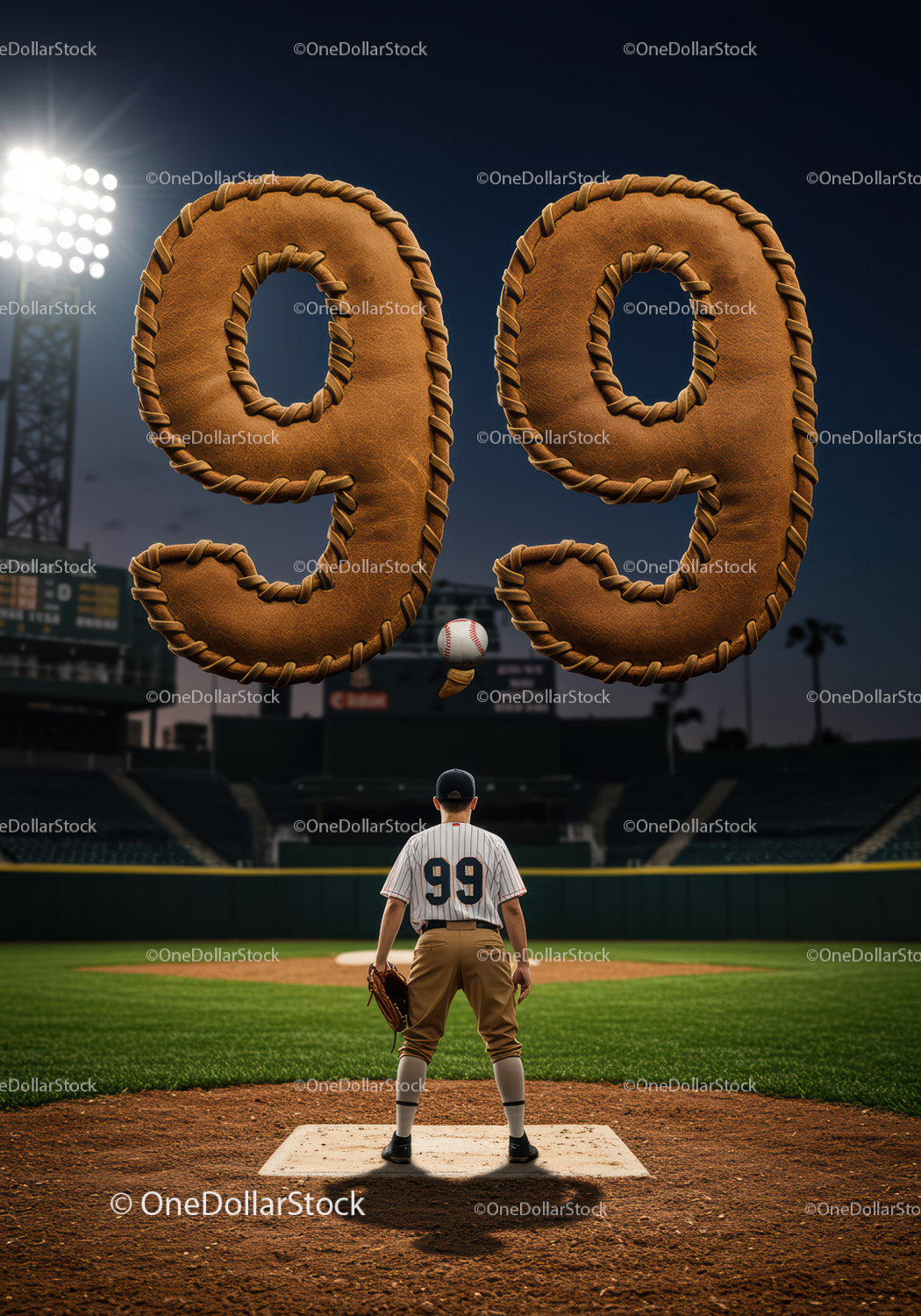 Baseball player wearing number 99 on field at dusk