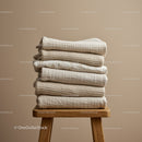 Stack of Soft Neutral Baby Blankets on Wooden Stool