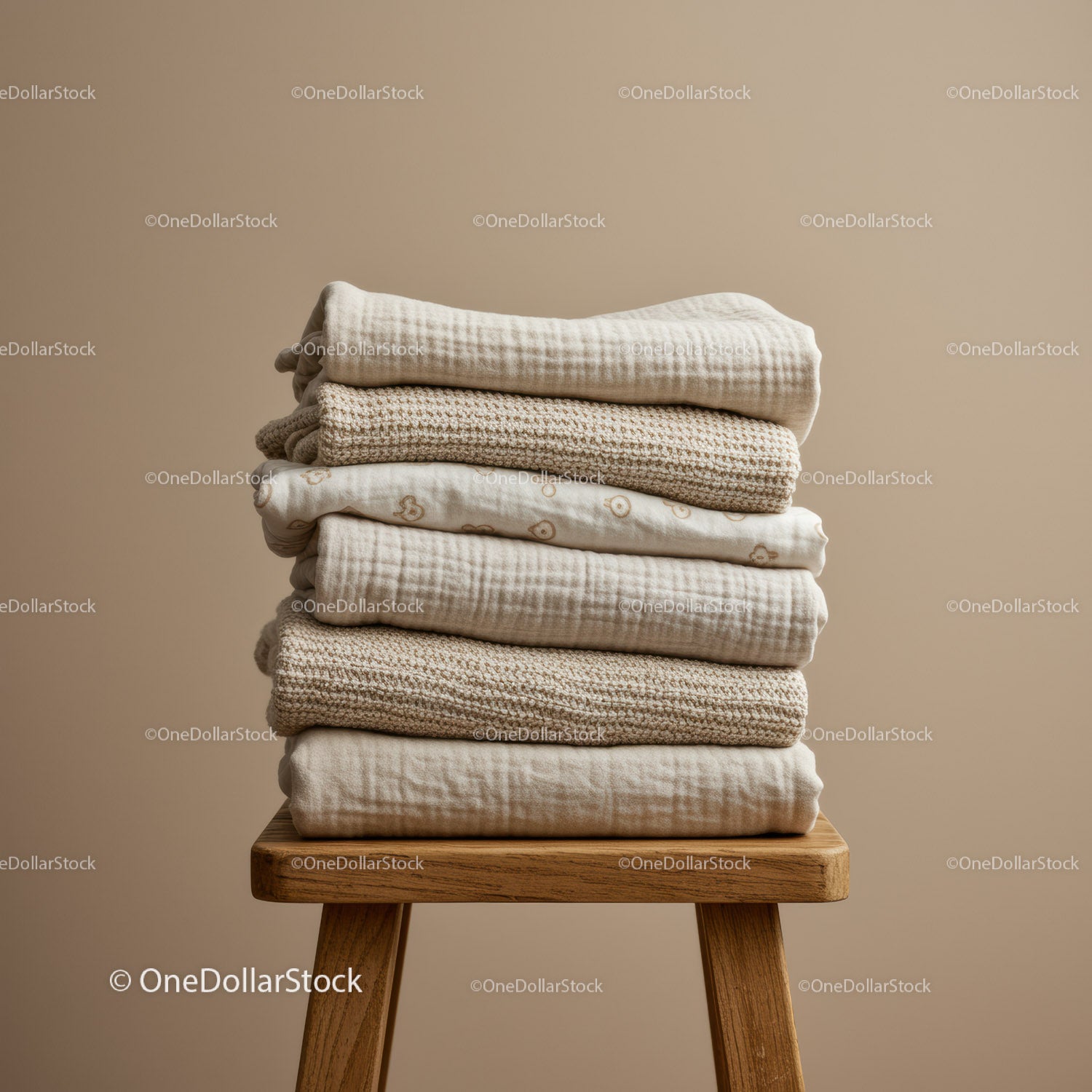 Stack of Soft Neutral Baby Blankets on Wooden Stool