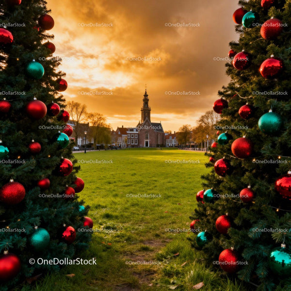 Historic Church Framed by Festive Christmas Trees at Sunset