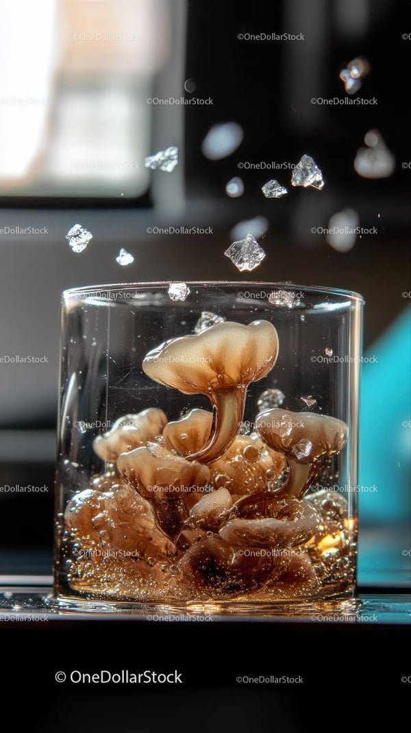 Close-up of Brown Mushrooms Growing in Glass Container