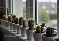 Line of Green Cactus Succulents in White Pots by Window