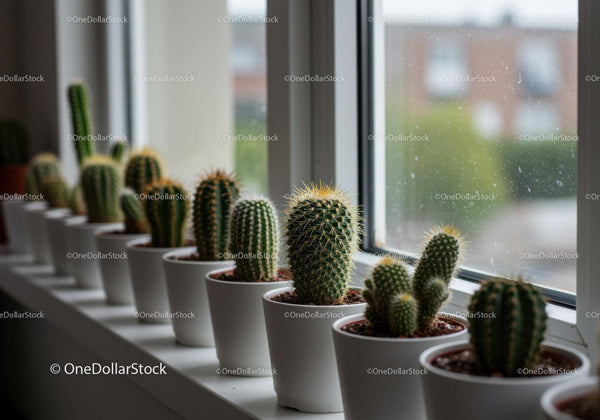 Line of Green Cactus Succulents in White Pots by Window