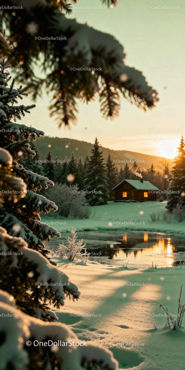 Cozy Cabin by Frozen Lake at Winter Sunset
