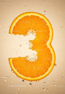Fresh Orange Slice Shaped Like Number Three With Water Droplets