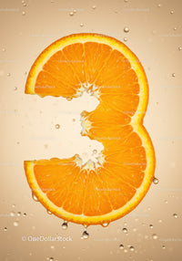 Fresh Orange Slice Shaped Like Number Three With Water Droplets