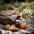 Rustic Picnic Basket with Honey and Bread Among Daisies in Nature