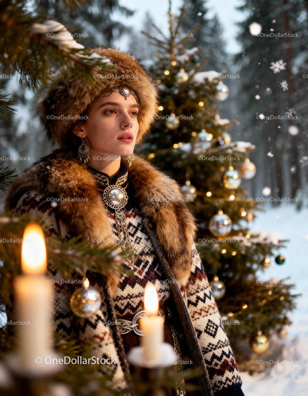 Woman in Traditional Fur Coat by Festive Christmas Tree