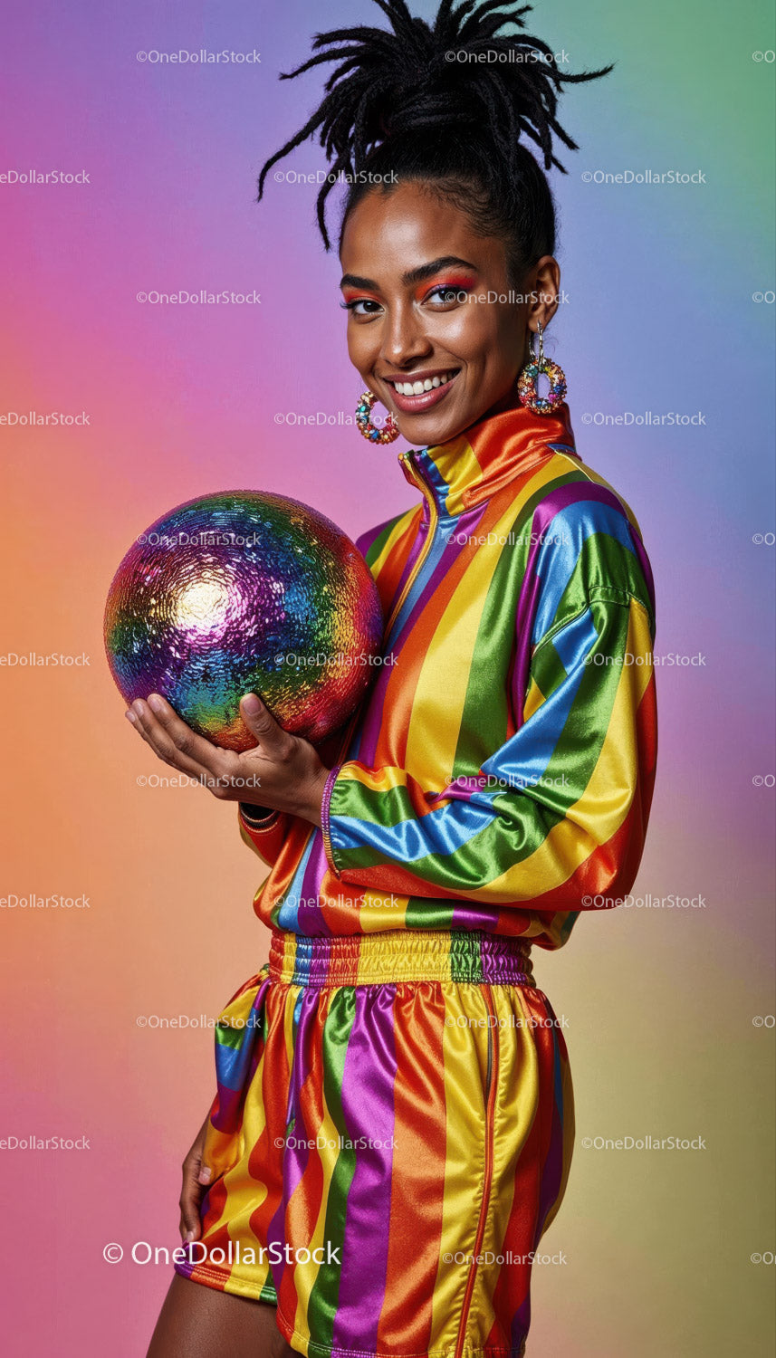 Vibrant Woman in Rainbow Tracksuit Holding Colorful Sphere
