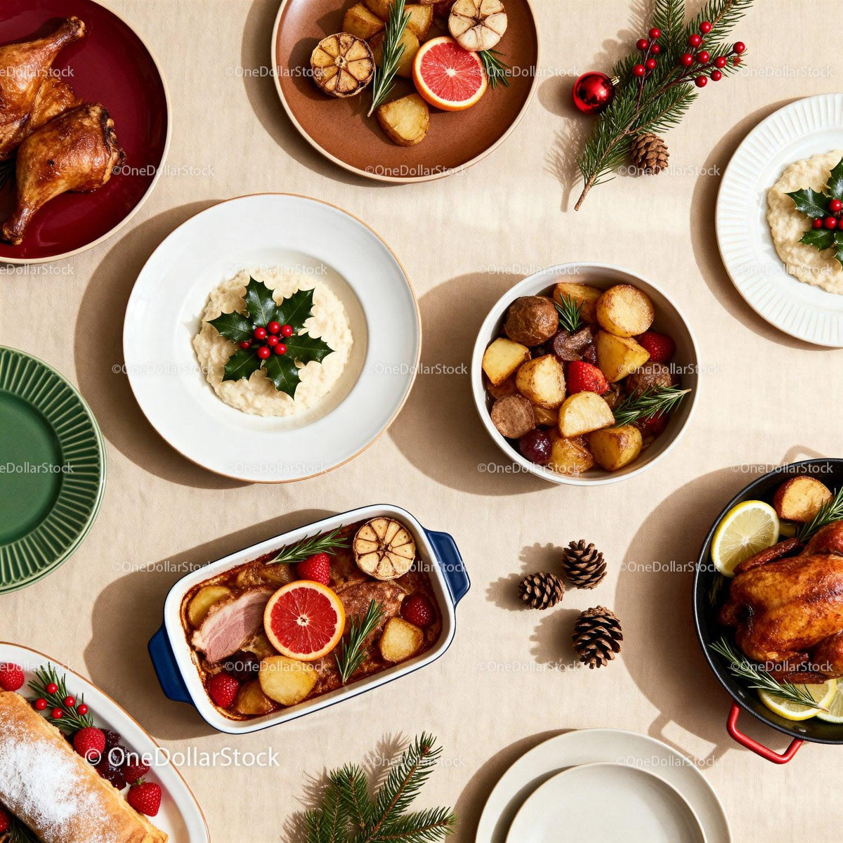 Festive Christmas Dinner Table with Traditional Dishes