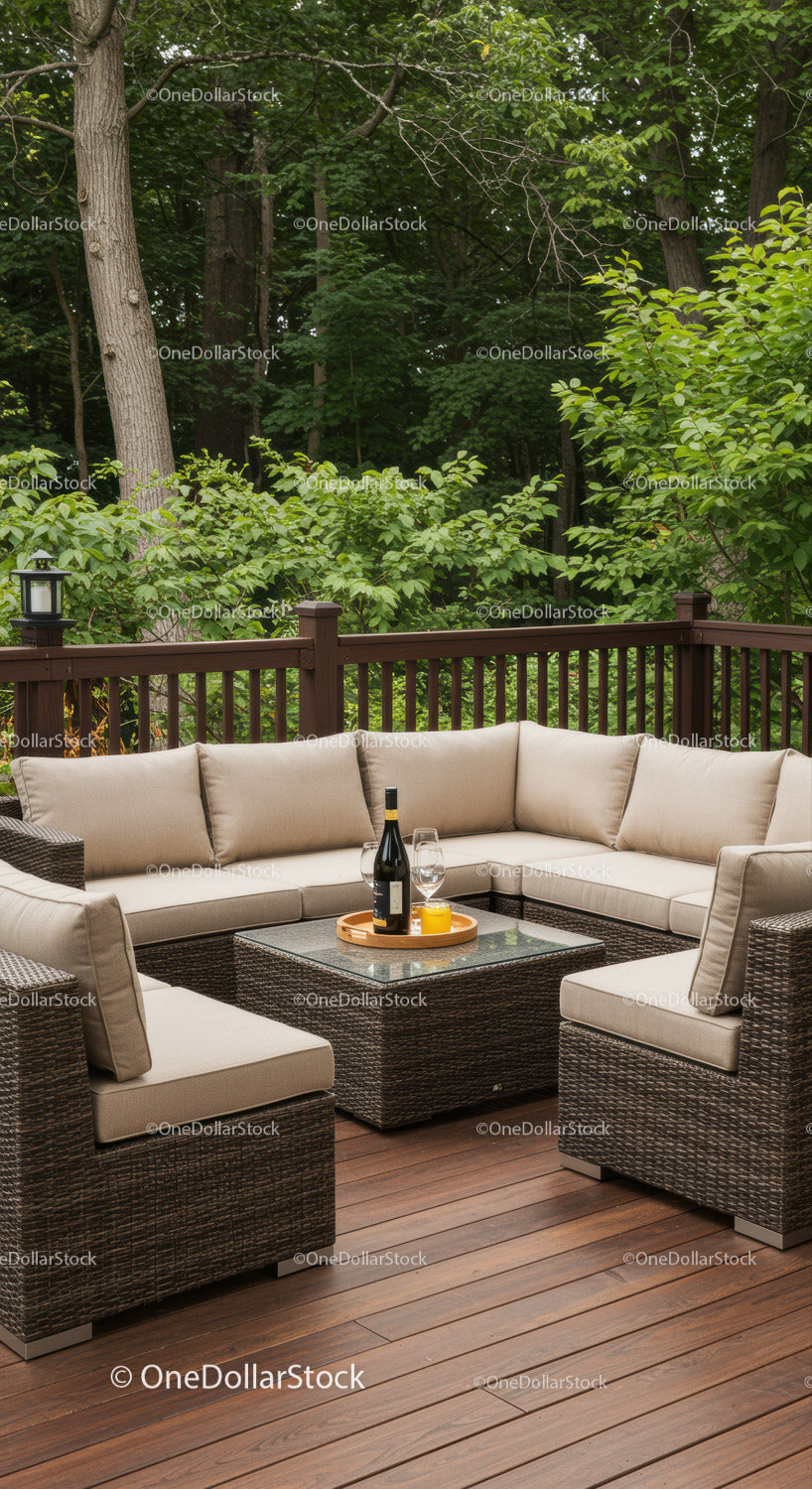 Elegant Outdoor Lounge Set with Greenery Backdrop for Relaxation