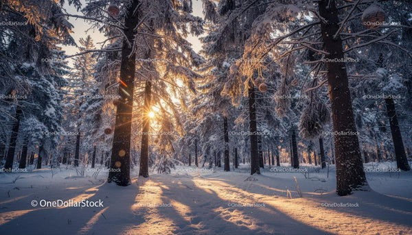 Sunlight Filtering Through Snowy Winter Pine Forest