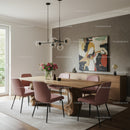 Stylish Modern Dining Room with Pink Chairs and Abstract Artwork