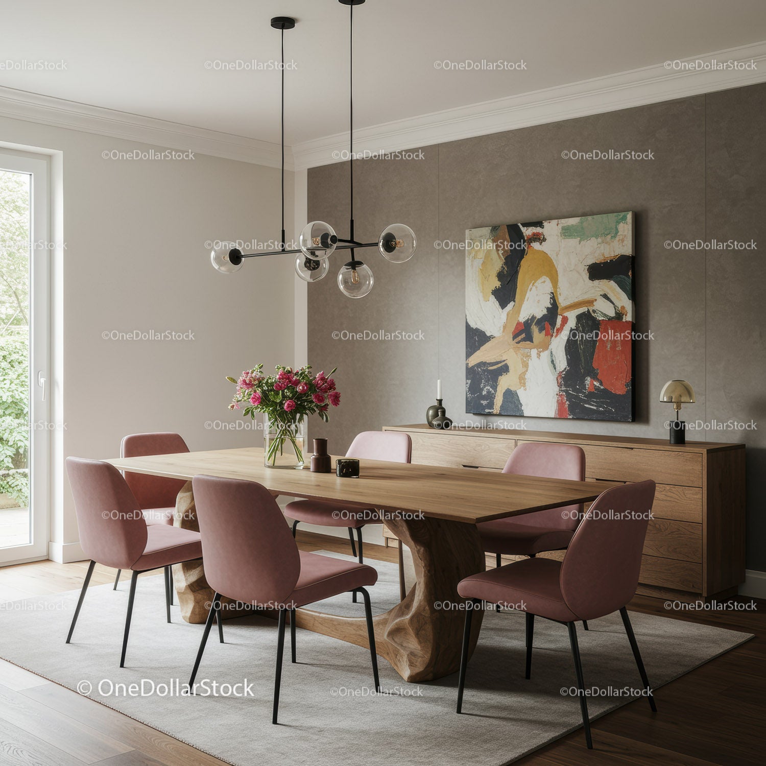 Stylish Modern Dining Room with Pink Chairs and Abstract Artwork