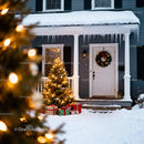 Cozy winter porch with decorated Christmas tree and gifts
