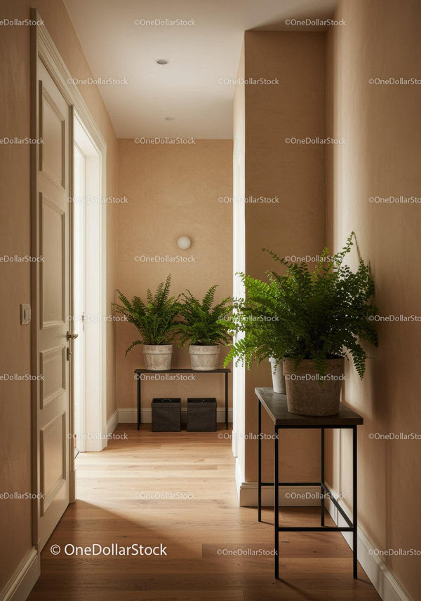 Bright Modern Interior with Green Ferns and Wooden Floor