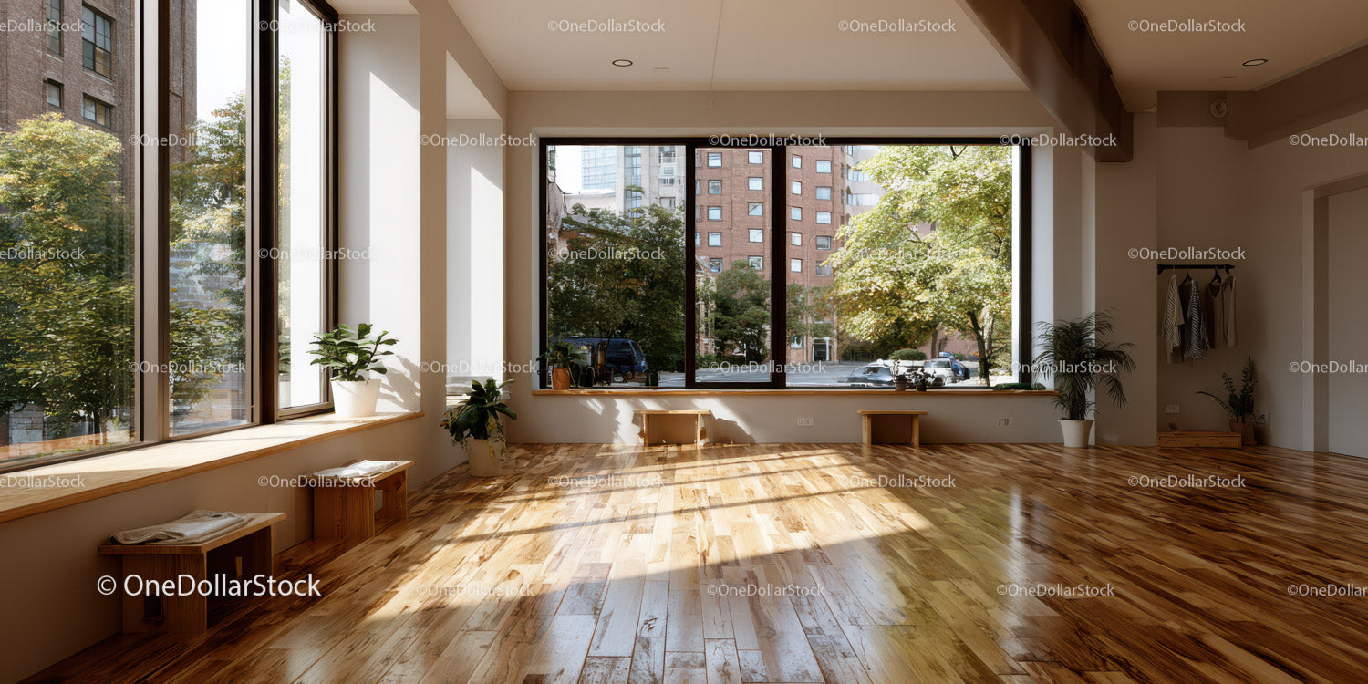 Bright Modern Room with Large Windows and Wooden Floor Flooring