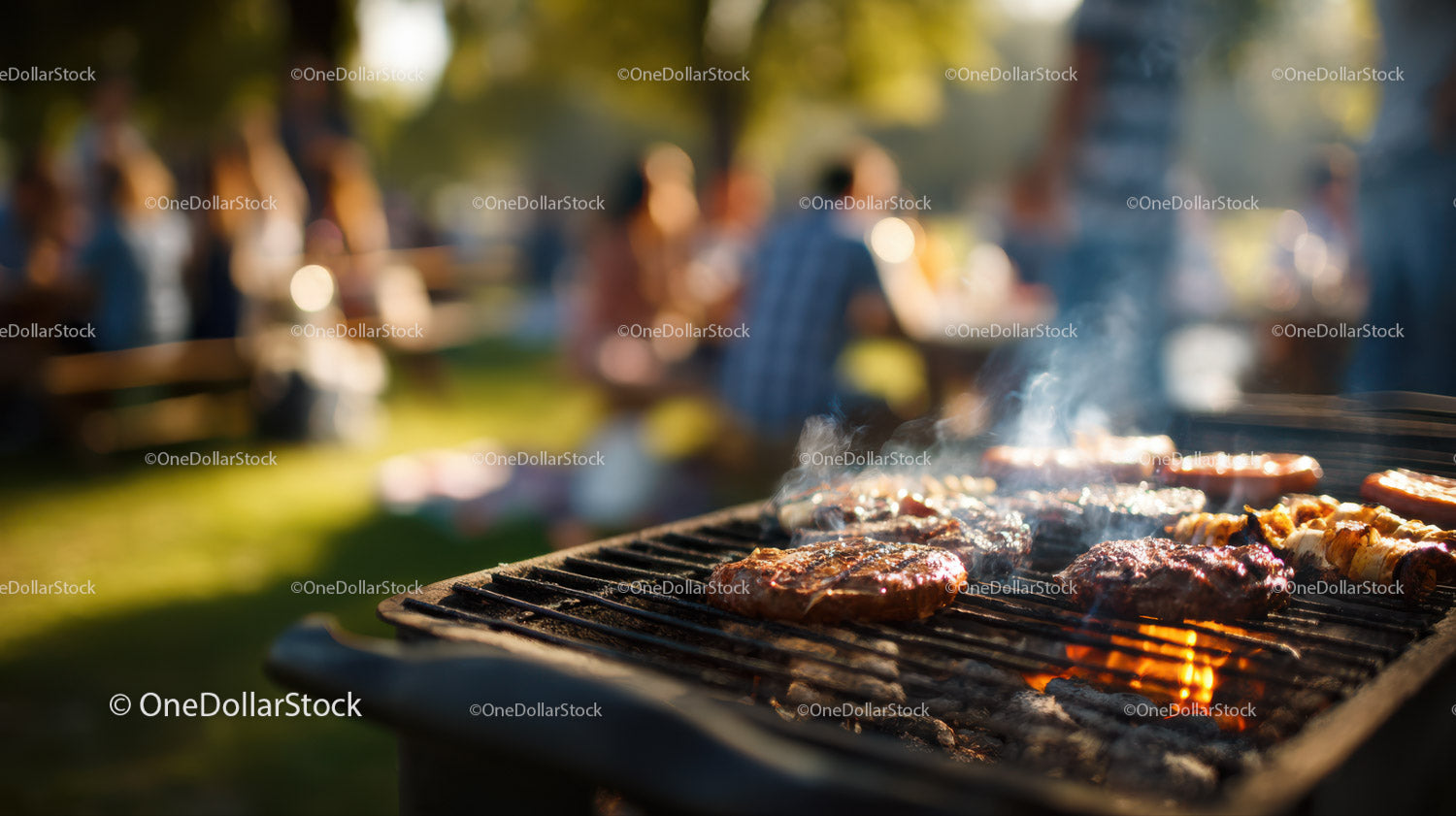 Barbecue Grill with Sizzling Meat in Outdoor Setting