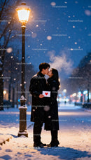 Couple Sharing a Kiss on Snowy Winter Evening