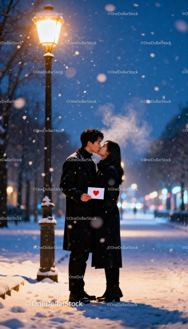Couple Sharing a Kiss on Snowy Winter Evening