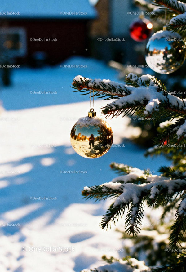 Golden Christmas ornament hanging on snowy pine branch
