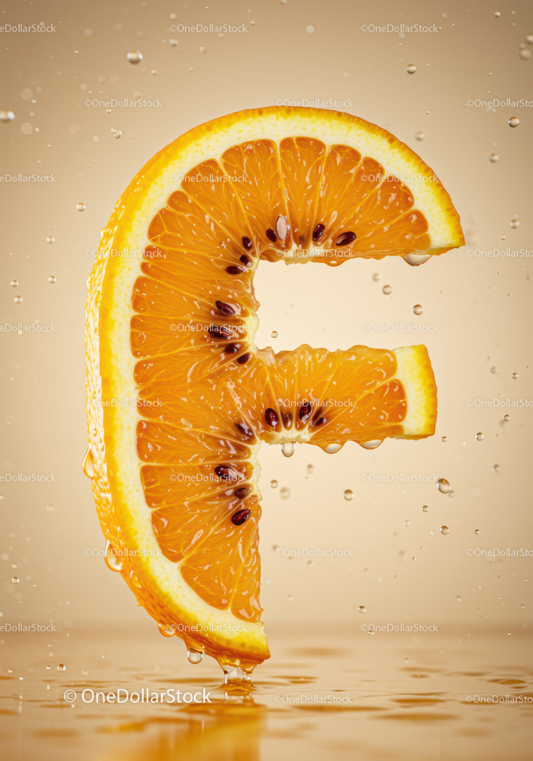Fresh Orange Slice with Water Droplets in Shape of Letter F