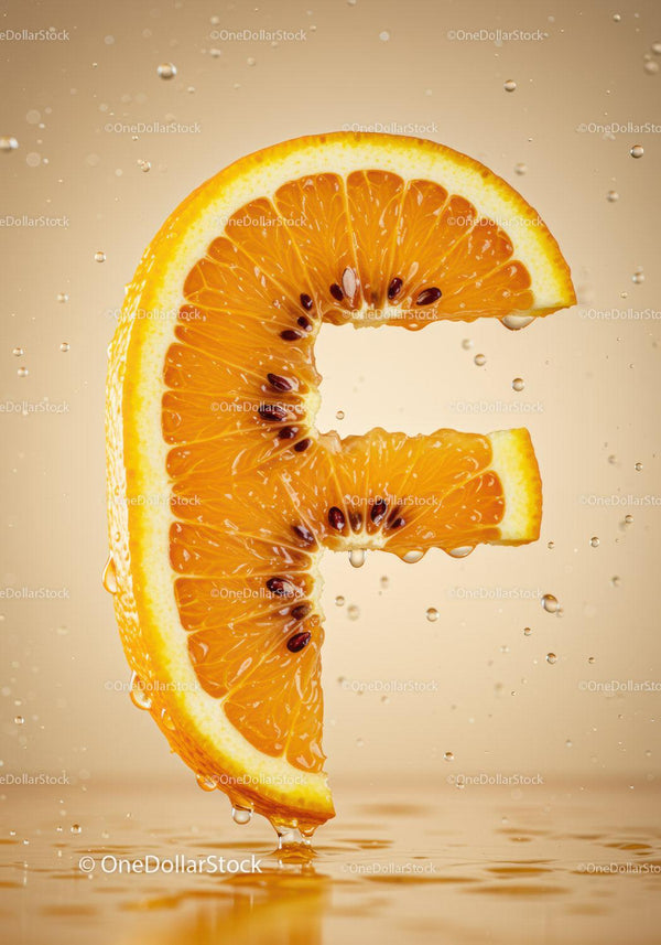 Fresh Orange Slice with Water Droplets in Shape of Letter F
