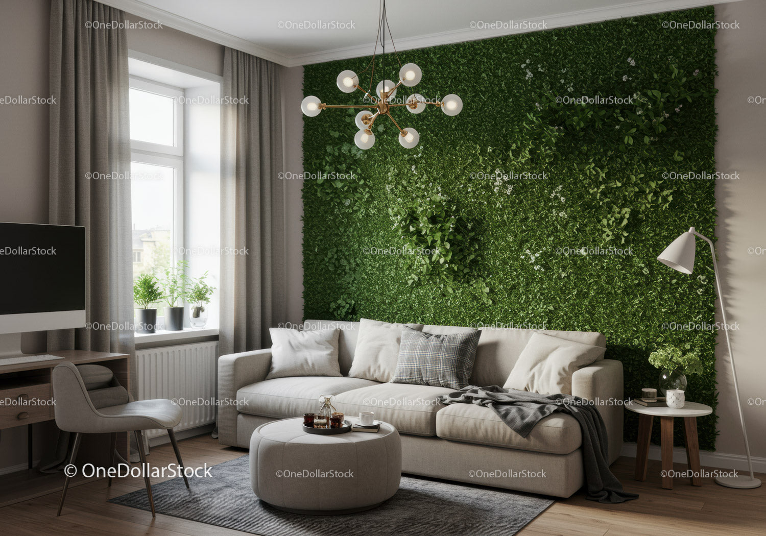 Stylowy salon z zieloną ścianą i przytulnym wystrojem