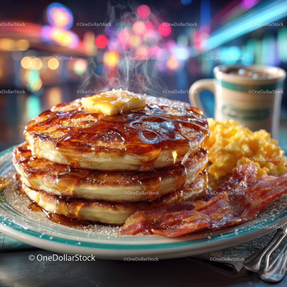 Stack of Fluffy Pancakes with Syrup and Bacon for Breakfast or Brunch