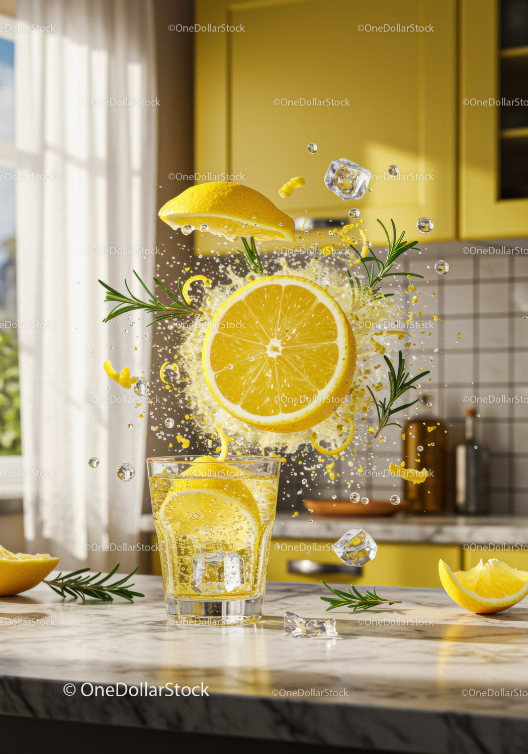 Refreshing lemon and rosemary sparkling water splash