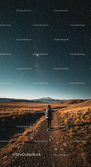 Starry Sky Over Desert Landscape with Mountain and Hiking Trail